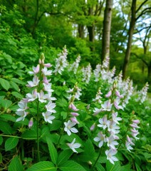 Delicate campanula blossoms nestled amongst lush green foliage and trees, ecosystem, flowers