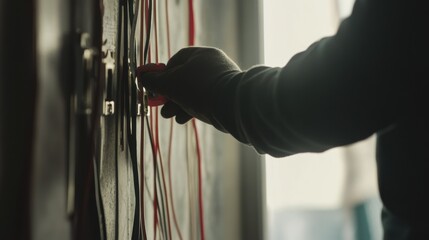 Electrician installing wiring systems in a new building construction. Featuring expertise and safety