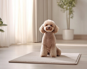 A relaxed Poodle with apricot fur sitting on a light-colored rug, calm and content