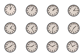 A set of 12 retro-modern aesthetic round wall clocks with black frames and Arabic numerals, each displaying a different time from 01:00 to 01:55 or 13:00 to 13:55. perfect for time management, schedul