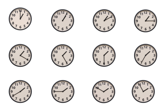 A set of 12 retro-modern aesthetic round wall clocks with black frames and Arabic numerals, each displaying a different time from 01:00 to 01:55 or 13:00 to 13:55. perfect for time management, schedul