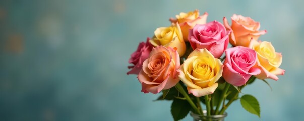 A mixed pink & yellow rose bouquet, lush blooms in a simple vase , flowers, elegant, pretty