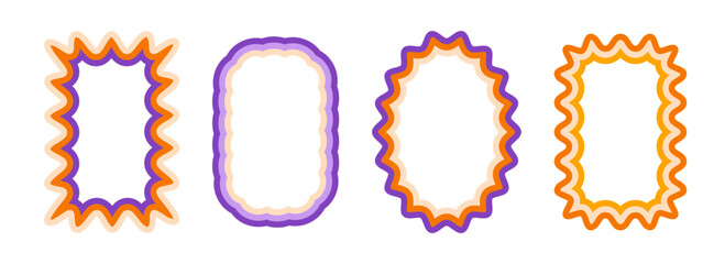Retro wavy pattern frame set. Scalloped ellipse and rectangle border collection. Wavy edge shapes in 60s or 70s style for text box, copy space, poster, banner. Vintage wiggly element pack. Vector
