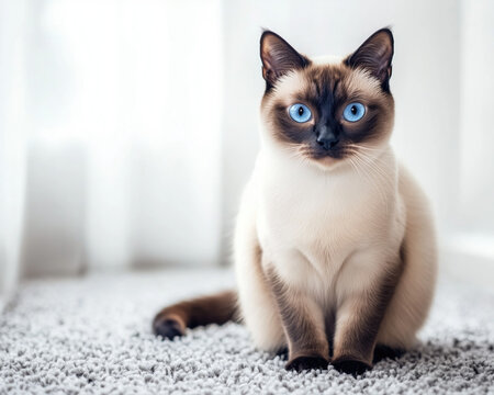 A curious Siamese cat with bright blue eyes sitting on a soft surface, looking intrigued