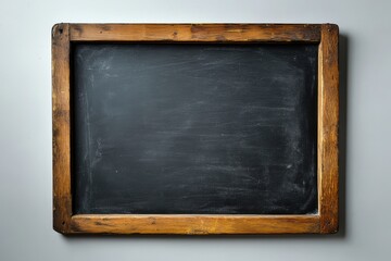 Close up of a blank chalkboard with a wooden frame against a light wall