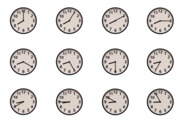 A set of 12 retro-modern aesthetic round wall clocks with black frames and Arabic numerals, each displaying a different time from 08:00 to 08:55 or 20:00 to 20:55. perfect for time management, schedul