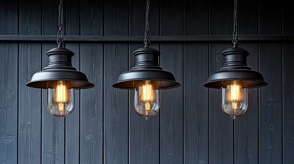 Obraz premium Three Vintage Black Pendant Lights Hanging Against a Dark Wooden Wall