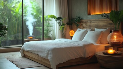 bedroom, large window overlooking lush green garden, white bedding, wooden accents, warm lighting, cozy atmosphere, interior design, high quality, detailed, photorealistic
