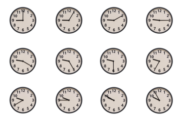 A set of 12 retro-modern aesthetic round wall clocks with black frames and Arabic numerals, each displaying a different time from 09:00 to 09:55 or 21:00 to 21:55. perfect for time management, schedul