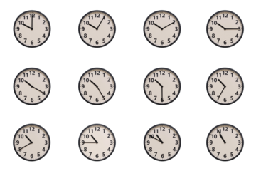 A set of 12 retro-modern aesthetic round wall clocks with black frames and Arabic numerals, each displaying a different time from 10:00 to 10:55 or 22:00 to 22:55. perfect for time management, schedul