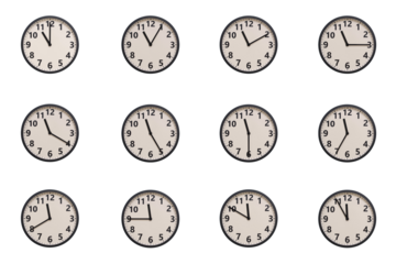 A set of 12 retro-modern aesthetic round wall clocks with black frames and Arabic numerals, each displaying a different time from 11:00 to 11:55 or 23:00 to 23:55. perfect for time management, schedul