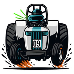 Fototapeta premium Weißer Comic-Traktor mit Startnummer 09 und neonblauen Akzenten