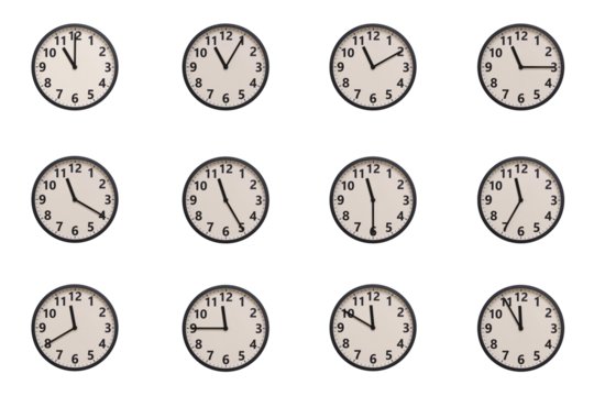 A set of 12 retro-modern aesthetic round wall clocks with black frames and Arabic numerals, each displaying a different time from 11:00 to 11:55 or 23:00 to 23:55. perfect for time management, schedul