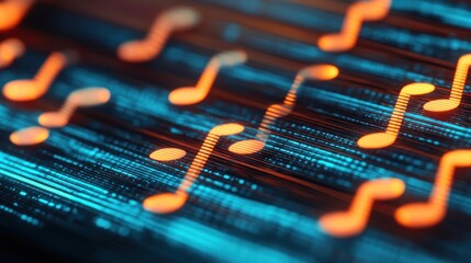 Digital music notes overlaying abstract code.