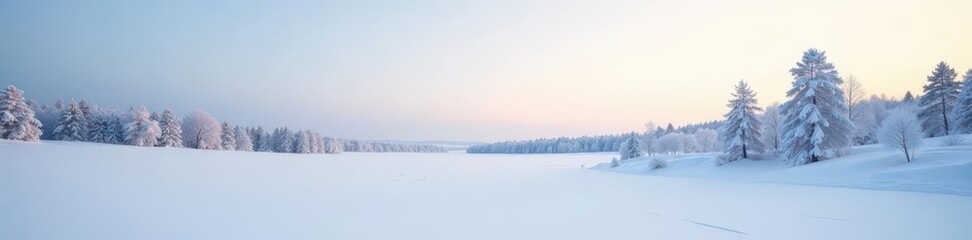 Untouched snow blankets a serene landscape; distant trees stand silhouetted against the pale sky , environment, quiet, tranquil