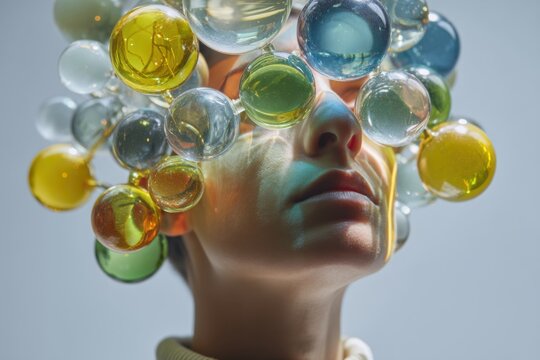 surrealist Person with colorful spheres as a headpiece, creating an artistic look.