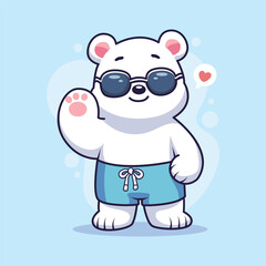 Cute cartoon polar bear in summer shorts and sunglasses. Vector illustration.