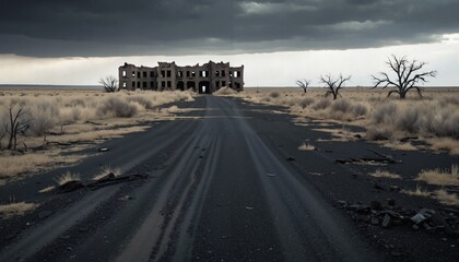 Abandoned, ruined building in desert.