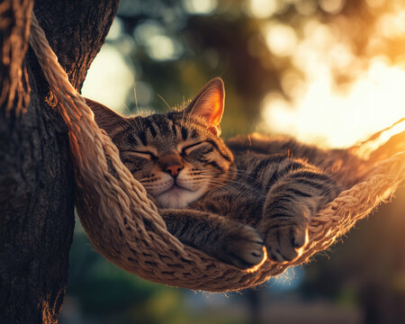 A tabby cat napping in a hammock under the shade of a tree, enjoying a peaceful rest