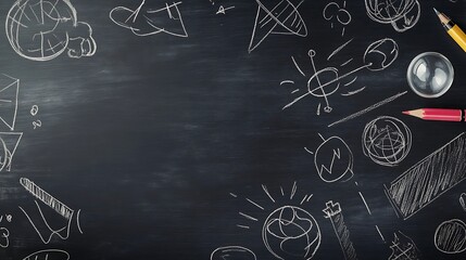 Chalkboard with various scientific and educational doodles.