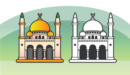 Illustration of a vibrant mosque in color with a matching black and white outline set on a gradient background to highlight intricate Islamic architecture.