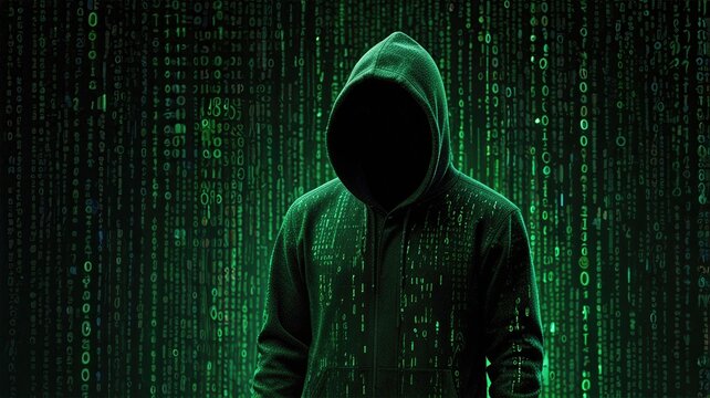 Mysterious Hooded Figure Surrounded by Green Binary Code Representing Cyber Security Threats