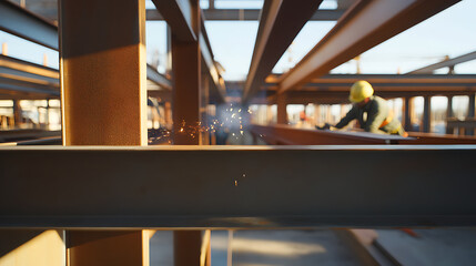 Construction worker welding metal beams together. Featuring welding and metalwork