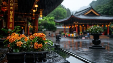 Obraz premium A serene temple courtyard scene showcases vibrant orange flowers amidst falling rain, reflecting the tranquil atmosphere of a traditional Chinese temple with people gathe under