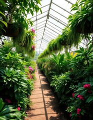 Nested greenhouses, lush foliage, sunlight dappled, flowers, interior