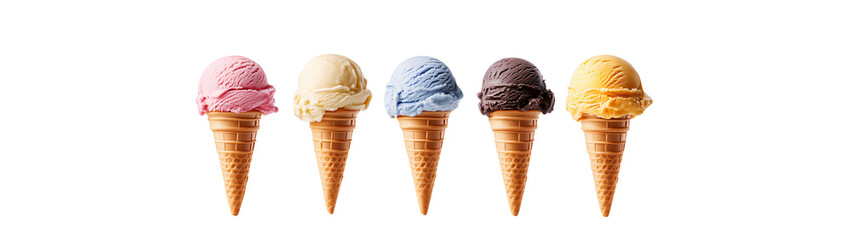 Colorful ice cream cones ready to enjoy, PNG, created with Generative AI