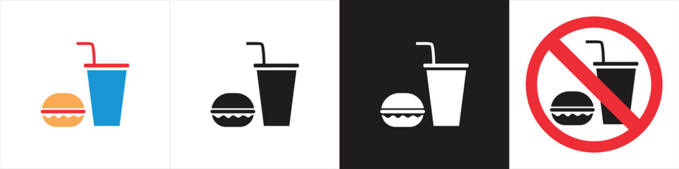 Set of burger and soda icons in various styles including colored, black, white, and prohibited symbol design, ideal for food-related signs and graphics.
