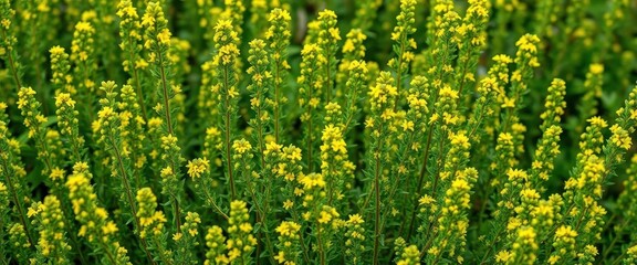 Obraz premium Bushy upright stems densely packed with vibrant green foliage and tiny, bright yellow flowers, wildflower, yellow, photography