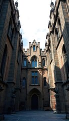 Imposing Gothic keep, thick walls, narrow slits, crenellated roof, fortress, mystery