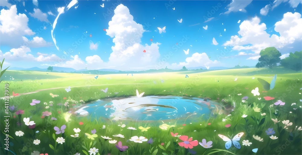 Aufkleber 鮮やかな青空の下の草原に咲く花々 蝶たちが舞い 水面に映る光景 穏やかな春の日の風景