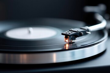 vinyl record close-up with needle resting on grooves reflected light glinting off surface