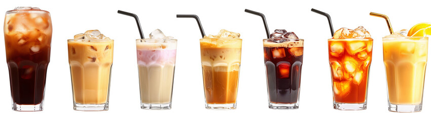 Refreshing iced drinks in glasses with straws, PNG, created with Generative AI