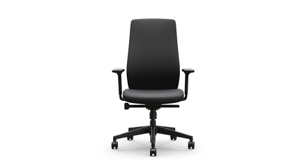 A realistic black office chair with ergonomic design, centered on a bright white background