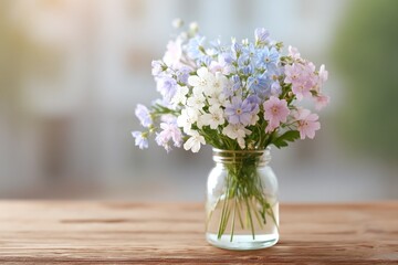 beautifully arranged bouquet of mixed spring flowers in vase sits on rustic wooden table with gentle sunlight streaming