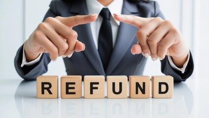 Obraz premium Close-up of a businesswoman forming a protective gesture over wooden blocks spelling refund on a clean background