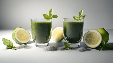 Fototapeta premium Green Smoothie in Glasses, Fresh Produce, Studio