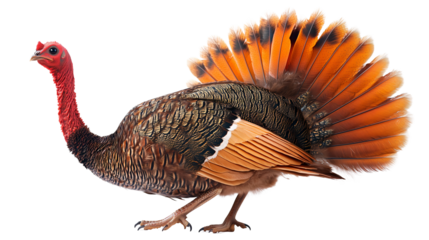 Domestic turkey with vibrant plumage showing off feathers, PNG, created with Generative AI