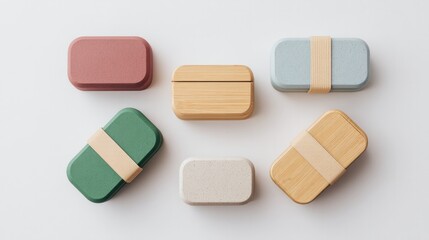 collection of minimalistic lunch boxes on white surface placed symmetrically with ample copy space