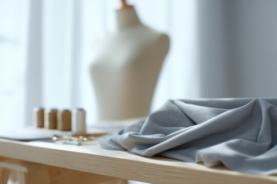 clutter-free workspace with sewing materials and tools on wooden table soft natural lighting