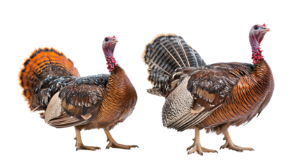 Two vibrant turkeys display their plumage in natural light, PNG, created with Generative AI