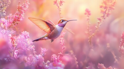 Naklejka premium A beautiful hummingbird flying amongst bright and colorful pink flowers