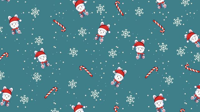 A seamless 4K looping vertical animation showcasing a festive pattern of falling white snowflakes, red and white candy canes, and adorable white bunnies in Santa hats on a teal background.