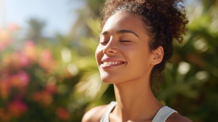 joyful woman stands in sunlit park her face radiant with genuine smile eyes closed in blissful contentment