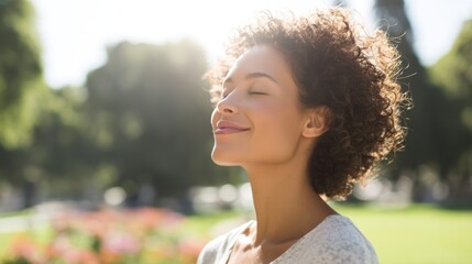 joyful woman stands in sunlit park her face radiant with genuine smile eyes closed in blissful contentment