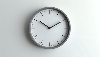 A white clock with black hands on a white wall.
