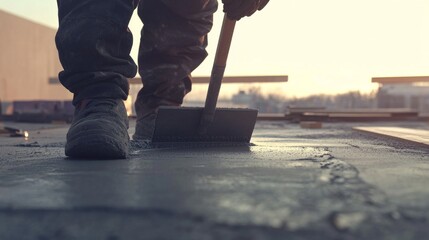 A construction worker smoothing concrete with a trowel. Featuring craftsmanship and patience